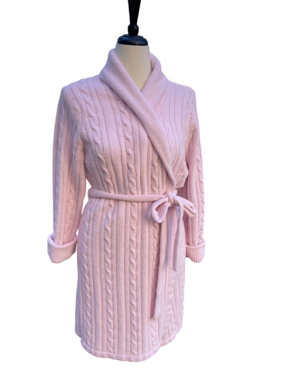 Pink Cable Knit Fleece Bathrobe With Belt S/P Jasmine Rose Womens